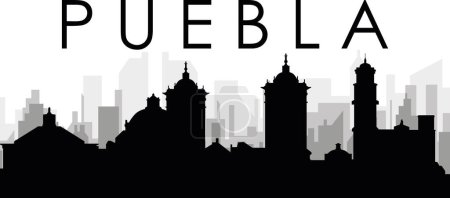 Ilustración de Paisaje urbano negro panorama con edificios de ciudad brumosos grises fondo de la PUEBLA, MÉXICO con una etiqueta con el nombre de la ciudad - Imagen libre de derechos