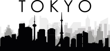 Téléchargez les illustrations : Paysage urbain noir panorama panoramique avec des bâtiments urbains gris brumeux fond de la TOKYO, JAPON avec une étiquette de nom de ville - en licence libre de droit