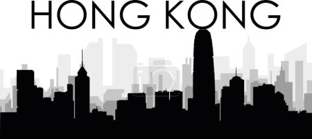 Ilustración de Paisaje urbano negro panorama del horizonte con los edificios grises brumosos de la ciudad fondo de la HONG KONG, CHINA con una etiqueta de nombre de la ciudad - Imagen libre de derechos