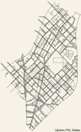 Illustration for Detailed hand-drawn navigational urban street roads map of the UPTOWN Public Improvement District neighborhood of the American city of DALLAS, TEXAS with vivid road lines and name tag on solid background - Royalty Free Image