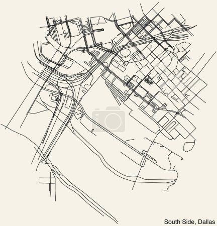 Illustration for Detailed hand-drawn navigational urban street roads map of the SOUTH SIDE Public Improvement District neighborhood of the American city of DALLAS, TEXAS with vivid road lines and name tag on solid background - Royalty Free Image