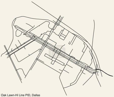 Mapa de carreteras urbanas de navegación dibujadas a mano detalladas del barrio de OAK LAWN-HI LINE Public Improvement District de la ciudad estadounidense de DALLAS, TEXAS con líneas vivas de carreteras y etiqueta con su nombre sobre un fondo sólido