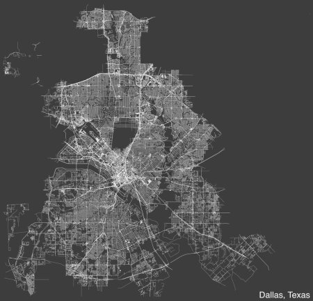 Mapa de carreteras urbanas de navegación dibujadas a mano detalladas de la ciudad estadounidense de DALLAS, TEXAS con líneas vivas de carreteras y etiqueta con su nombre sobre fondo sólido