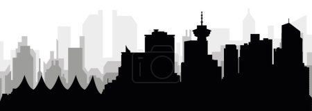 Ilustración de Paisaje urbano negro panorama con edificios grises brumosos de la ciudad fondo de la VANCOUVER, CANADÁ con una etiqueta con el nombre de la ciudad - Imagen libre de derechos