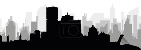 Ilustración de Paisaje urbano negro panorama con edificios grises brumosos de la ciudad fondo de la MONTREAL, CANADÁ con una etiqueta con el nombre de la ciudad - Imagen libre de derechos