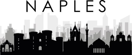 Téléchargez les illustrations : Paysage urbain noir panorama panoramique avec des bâtiments urbains gris brumeux fond de NAPLES (NAPOLI), ITALIE - en licence libre de droit