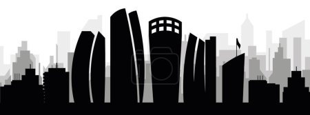 Téléchargez les illustrations : Paysage urbain noir panorama panoramique avec des bâtiments urbains gris brumeux fond de ABU DHABI, ÉMIRATS ARABES UNIS - en licence libre de droit