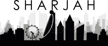 Téléchargez les illustrations : Paysage urbain noir panorama panoramique avec des bâtiments urbains gris brumeux fond de SHARJAH, ÉMIRATS ARABES UNIS - en licence libre de droit