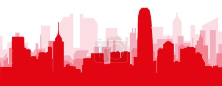 Ilustración de Cartel panorámico rojo del skyline de la ciudad con edificios de fondo transparente brumoso rojizo de HONG KONG, CHINA - Imagen libre de derechos