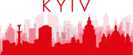 Ilustración de Cartel panorámico rojo del skyline de la ciudad con los edificios trasparentes brumosos rojizos del fondo de KYIV, UCRANIA - Imagen libre de derechos