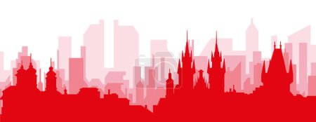 Ilustración de Cartel panorámico rojo del skyline de la ciudad con edificios de fondo transparente brumoso rojizo de PRAGA, REPÚBLICA CHECA - Imagen libre de derechos