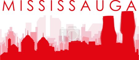Ilustración de Cartel panorámico rojo del skyline de la ciudad con edificios de fondo transparente brumoso rojizo de MISSISSAUGA, CANADÁ - Imagen libre de derechos