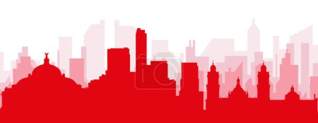 Ilustración de Cartel panorámico rojo del skyline de la ciudad con edificios de fondo transparente brumoso rojizo de la CIUDAD DE MÉXICO, MÉXICO - Imagen libre de derechos