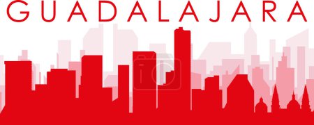 Ilustración de Cartel panorámico rojo del skyline de la ciudad con edificios de fondo transparente brumoso rojizo de GUADALAJARA, MÉXICO - Imagen libre de derechos