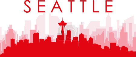 Ilustración de Cartel panorámico rojo del skyline de la ciudad con edificios de fondo transparente brumoso rojizo de SEATTLE, ESTADOS UNIDOS - Imagen libre de derechos