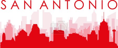 Ilustración de Cartel panorámico rojo del skyline de la ciudad con edificios de fondo transparente brumoso rojizo de SAN ANTONIO, ESTADOS UNIDOS - Imagen libre de derechos