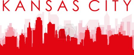 Ilustración de Cartel panorámico rojo del skyline de la ciudad con edificios de fondo transparente brumoso rojizo de la ciudad de KANSAS, ESTADOS UNIDOS - Imagen libre de derechos
