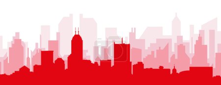 Ilustración de Cartel panorámico rojo del skyline de la ciudad con edificios de fondo transparente brumoso rojizo de INDIANAPOLIS, ESTADOS UNIDOS - Imagen libre de derechos