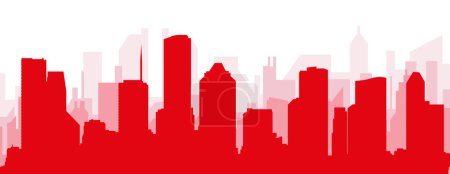 Ilustración de Cartel panorámico rojo del skyline de la ciudad con edificios rojizos de fondo transparente brumoso de HOUSTON, ESTADOS UNIDOS - Imagen libre de derechos