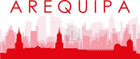 Ilustración de Cartel panorámico rojo del skyline de la ciudad con edificios rojizos de fondo transparente brumoso de AREQUIPA, PERÚ - Imagen libre de derechos