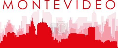 Ilustración de Cartel panorámico rojo del skyline de la ciudad con edificios de fondo transparente brumoso rojizo de MONTEVIDEO, URUGUAY - Imagen libre de derechos