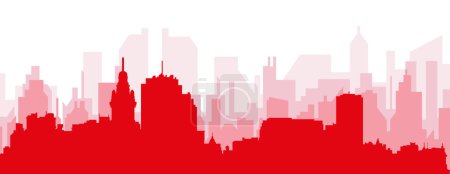 Ilustración de Cartel panorámico rojo del skyline de la ciudad con edificios de fondo transparente brumoso rojizo de MONTEVIDEO, URUGUAY - Imagen libre de derechos
