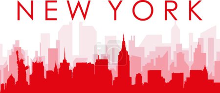 Ilustración de Cartel panorámico rojo del skyline de la ciudad con edificios de fondo transparente brumoso rojizo de NUEVA YORK, ESTADOS UNIDOS - Imagen libre de derechos