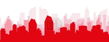 Ilustración de Cartel panorámico rojo del skyline de la ciudad con edificios trasparentes rojizos de SAN DIEGO, ESTADOS UNIDOS - Imagen libre de derechos
