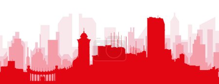 Ilustración de Cartel panorámico rojo del skyline de la ciudad con edificios de fondo transparente brumoso rojizo de GUAYAQUIL, ECUADOR - Imagen libre de derechos