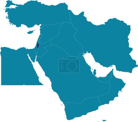 Illustration for Purple detailed blank political map of PALESTINE with white borders on transparent background using orthographic projection of the marine blue Middle East - Royalty Free Image