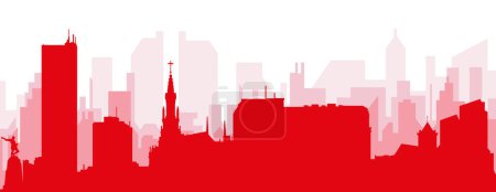Ilustración de Cartel panorámico rojo del skyline de la ciudad con edificios de fondo transparente brumoso rojizo de CALI, COLOMBIA - Imagen libre de derechos