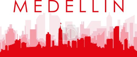 Ilustración de Cartel panorámico rojo del skyline de la ciudad con edificios de fondo transparente brumoso rojizo de MEDELLIN, COLOMBIA - Imagen libre de derechos