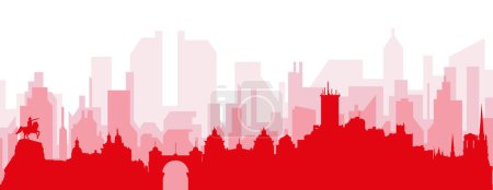 Ilustración de Cartel panorámico rojo del skyline de la ciudad con edificios de fondo transparente brumoso rojizo de CORDOBA, ARGENTINA - Imagen libre de derechos