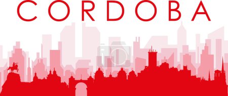 Ilustración de Cartel panorámico rojo del skyline de la ciudad con edificios de fondo transparente brumoso rojizo de CORDOBA, ARGENTINA - Imagen libre de derechos