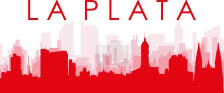 Ilustración de Cartel panorámico rojo del skyline de la ciudad con edificios rojizos de fondo transparente brumoso de LA PLATA, ARGENTINA - Imagen libre de derechos