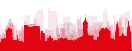 Ilustración de Cartel panorámico rojo del skyline de la ciudad con edificios rojizos de fondo transparente brumoso de LA PLATA, ARGENTINA - Imagen libre de derechos