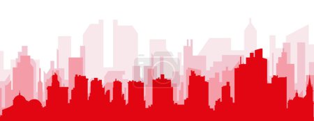 Ilustración de Cartel panorámico rojo del skyline de la ciudad con edificios de fondo transparente brumoso rojizo de MANAUS, BRASIL - Imagen libre de derechos