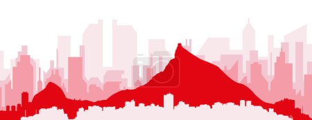 Ilustración de Cartel panorámico rojo del skyline de la ciudad con edificios de fondo transparente brumoso rojizo de RIO DE JANEIRO, BRASIL - Imagen libre de derechos