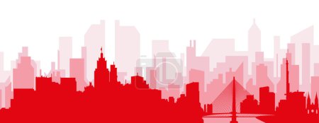 Ilustración de Cartel panorámico rojo del skyline de la ciudad con edificios rojizos de fondo transparente brumoso de SO PAULO, BRASIL - Imagen libre de derechos
