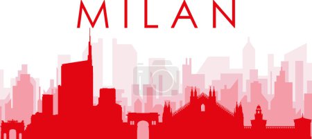 Ilustración de Cartel panorámico rojo del skyline de la ciudad con edificios rojizos de fondo transparente brumoso de MILAN (MILANO), ITALIA - Imagen libre de derechos