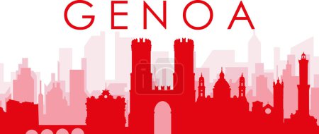 Ilustración de Cartel panorámico rojo del skyline de la ciudad con edificios rojizos de fondo transparente brumoso de GENOA (GENOVA), ITALIA - Imagen libre de derechos
