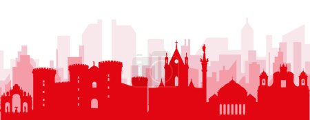 Illustration for Red panoramic city skyline poster with reddish misty transparent background buildings of NAPLES (NAPOLI), ITALY - Royalty Free Image