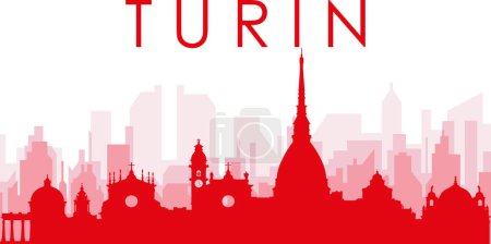 Ilustración de Cartel panorámico rojo del skyline de la ciudad con edificios de fondo transparente brumoso rojizo de TURIN (TORINO), ITALIA - Imagen libre de derechos
