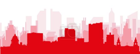 Ilustración de Cartel panorámico rojo del skyline de la ciudad con edificios rojizos de fondo transparente brumoso de LEEDS, REINO UNIDO - Imagen libre de derechos