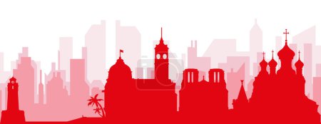 Ilustración de Cartel panorámico rojo del skyline de la ciudad con edificios rojizos de fondo transparente brumoso de NICE, FRANCIA - Imagen libre de derechos
