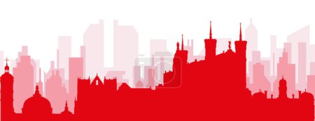 Ilustración de Cartel panorámico rojo del skyline de la ciudad con edificios de fondo transparente brumoso rojizo de LYON, FRANCIA - Imagen libre de derechos