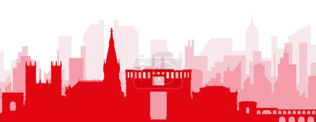 Ilustración de Cartel panorámico rojo del skyline de la ciudad con edificios trasparentes rojizos de MONTPELLIER, FRANCIA - Imagen libre de derechos
