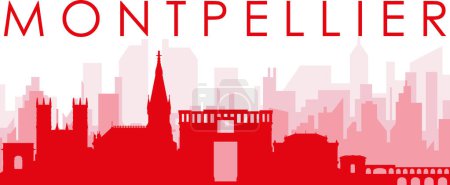 Ilustración de Cartel panorámico rojo del skyline de la ciudad con edificios trasparentes rojizos de MONTPELLIER, FRANCIA - Imagen libre de derechos