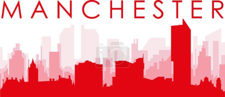 Ilustración de Cartel panorámico rojo del skyline de la ciudad con edificios rojizos de fondo transparente brumoso de MANCHESTER, REINO UNIDO - Imagen libre de derechos