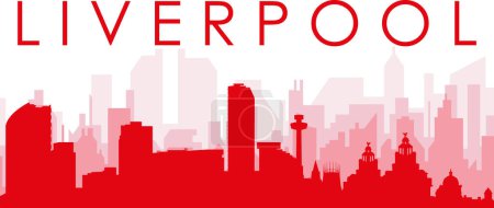Ilustración de Cartel panorámico rojo del skyline de la ciudad con edificios de fondo transparente brumoso rojizo de LIVERPOOL, REINO UNIDO - Imagen libre de derechos